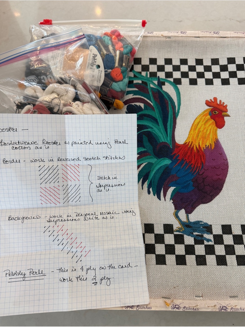 Needlepoint Rooster hand painted- artist dede
Threads, guide & frame